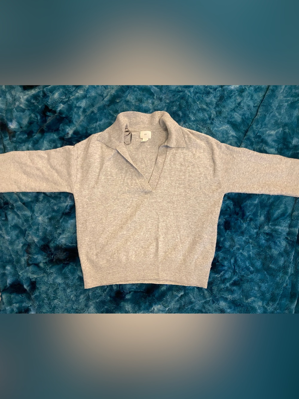 H&M Grey Heather Open Collar Johnny Polo Cropped Knit Sweater Size M